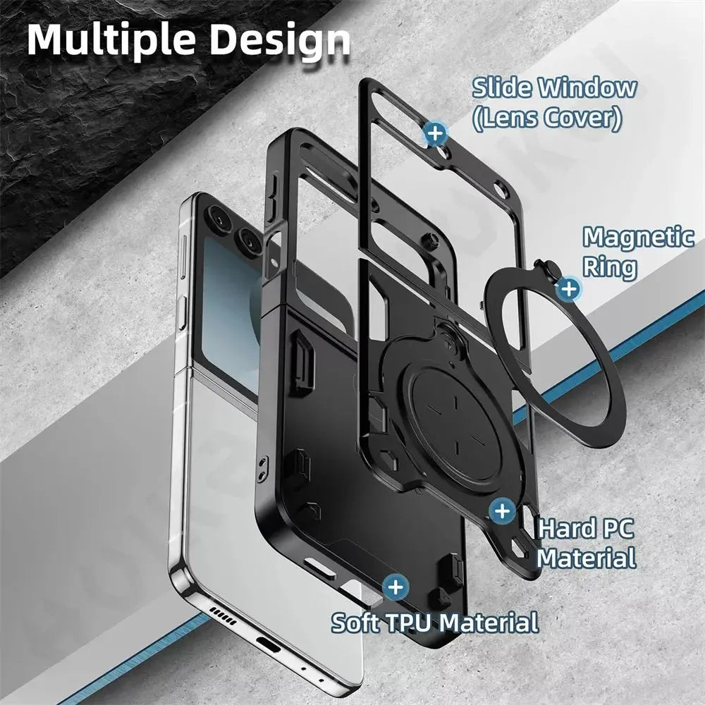 Case For Samsung Galaxy Z Flip 6 5 4 4G 5G Slide Kickstand Full Shockproof Magnetic Rotat Camera Slide Protector Ring Cover Pinnacle Luxuries